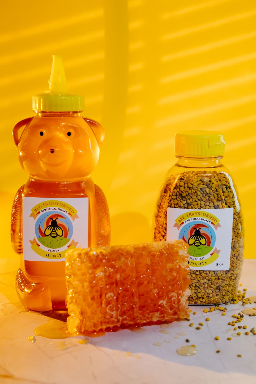 Raw Ozarks honey, bee pollen, and honeycomb